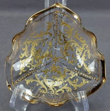 Bohemian Moser Type Raised Gold Scrollwork & Beaded Glass Trinket / Small Dish