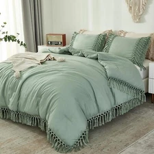 Comforter King Size Set Sage Green, 3 Pieces Boho Tassel Lightweight 
