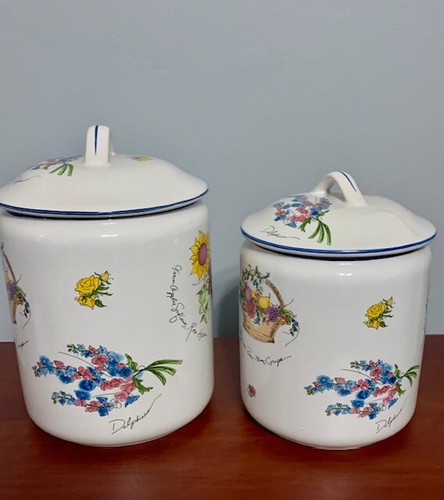 2 Ceramic Canisters + Sealing Lids Summers LTD Hand Painted Flowers Basket Pears - Picture 2 of 5