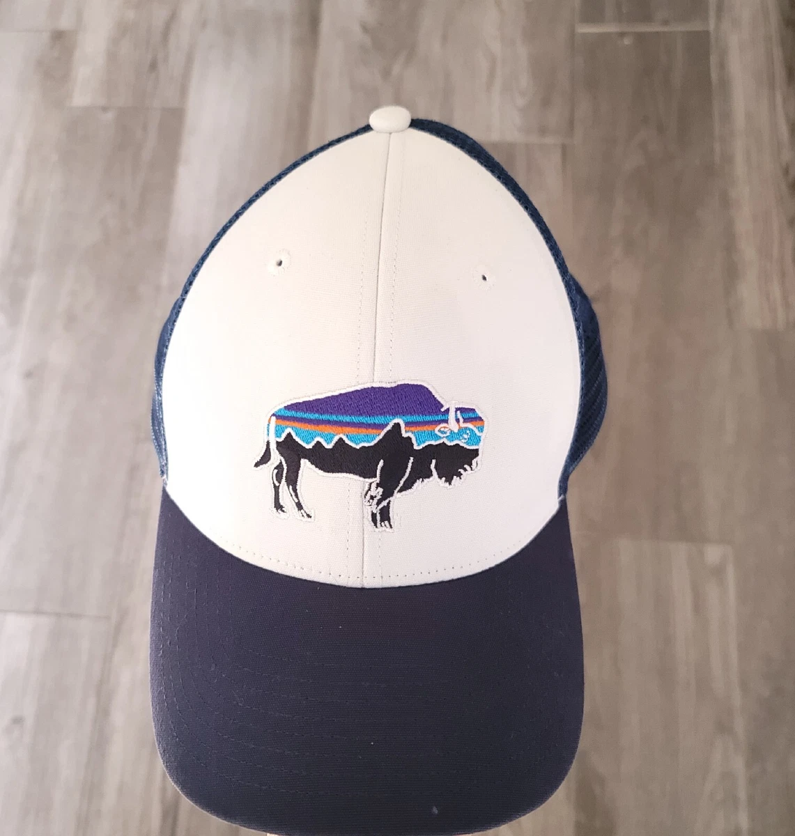 Patagonia Fitz Roy Bison Midcrown Trucker Hat White With Navy Blue Cap