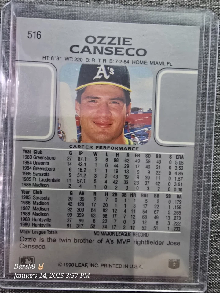 1990 Leaf - #516 Ozzie Canseco (RC) - Image 2 of 2