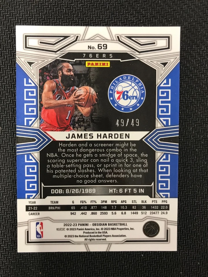 2022-23 Panini Obsidian #69 James Harden Purple Flood Etch Prizm /49 76ers - Image 2 of 2