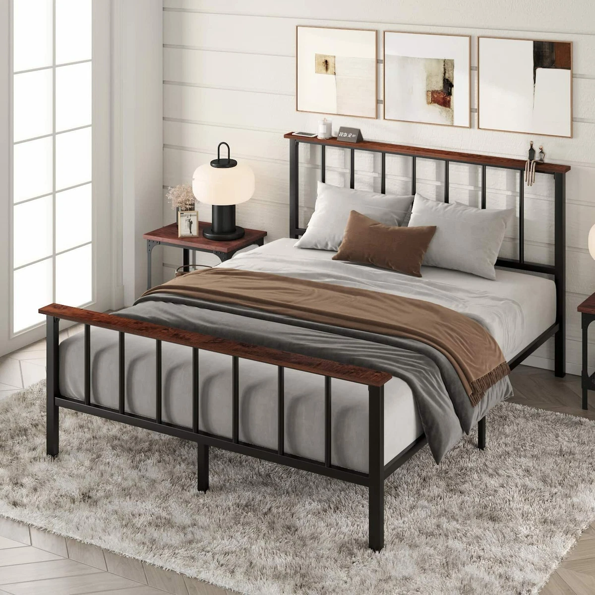 Queen Size Heavy Duty Metal Platform Bed Frame with Headboard Shelf, Black