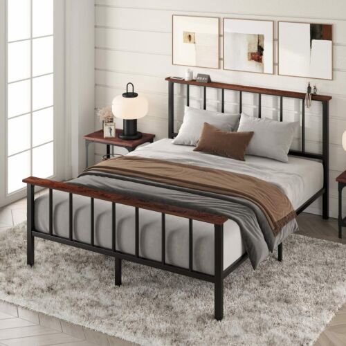 Queen Size Heavy Duty Metal Platform Bed Frame With Headboard Shelf, Black  | Ebay