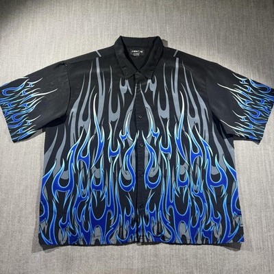 No Boundaries Shirt Mens 2XL Black Blue Flame Short Sleeve Button Up Hot Rod Y2K