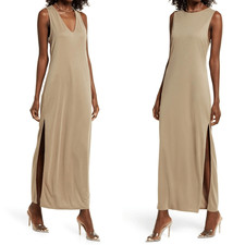 Open Edit Wear Two Ways V-Neck Sleeveless Knit Side Slit Midi Dress Olive Dusk S
