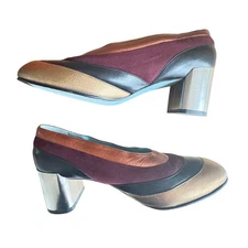$500 THIERRY RABOTIN Michi Colorblock Retro Block Heels Leather Metal EU37/US6.5