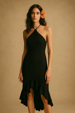 Vtg 90s Windsor Hi Low Dress S Ruffle Maxi Black Cocktail Halter Whimsigoth Boho