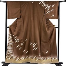 JAPANESE KIMONO HOMONGI brown 158 cm 5 ft 2 in PURE SILK AA8779
