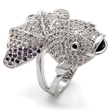Women's Fish Cocktail Ring, Multi CZ, Rhodium Plated, Brass, Animal Ring