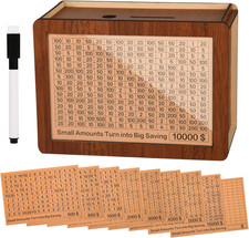 10,000 Wooden Money Saving Challenge Box Cash Vault Piggy Bank 10 Amounts 