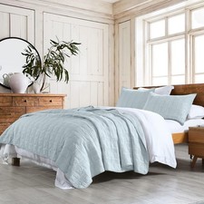 100 Cotton Quilt Set King Size, Baby Blue Pre-Washed 3-Piece Bedspread Coverlet