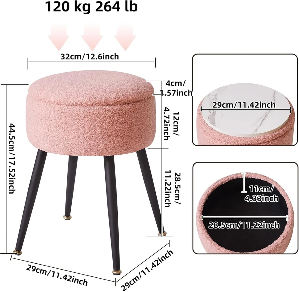 Pink Round Teddy Fur Vanity Stool with Storage – Soft Ottoman Seat - Image 3 of 4