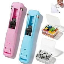 Portable Binder Clip Stapler, Includes 100 Reusable Clips, Mini Blue Pink