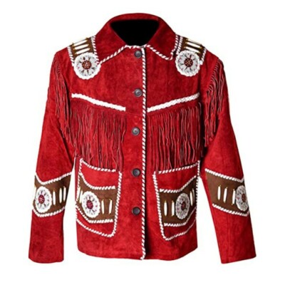 Women American Native Red Contrast Suede Leather Jacket Fringed & Beaded