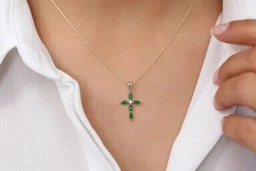 Ausgefallener Kreuzanhänger Damen Marquise-Schliff simulierter Smaragd 14K Weißgold vergoldet - Bild 3 von 5