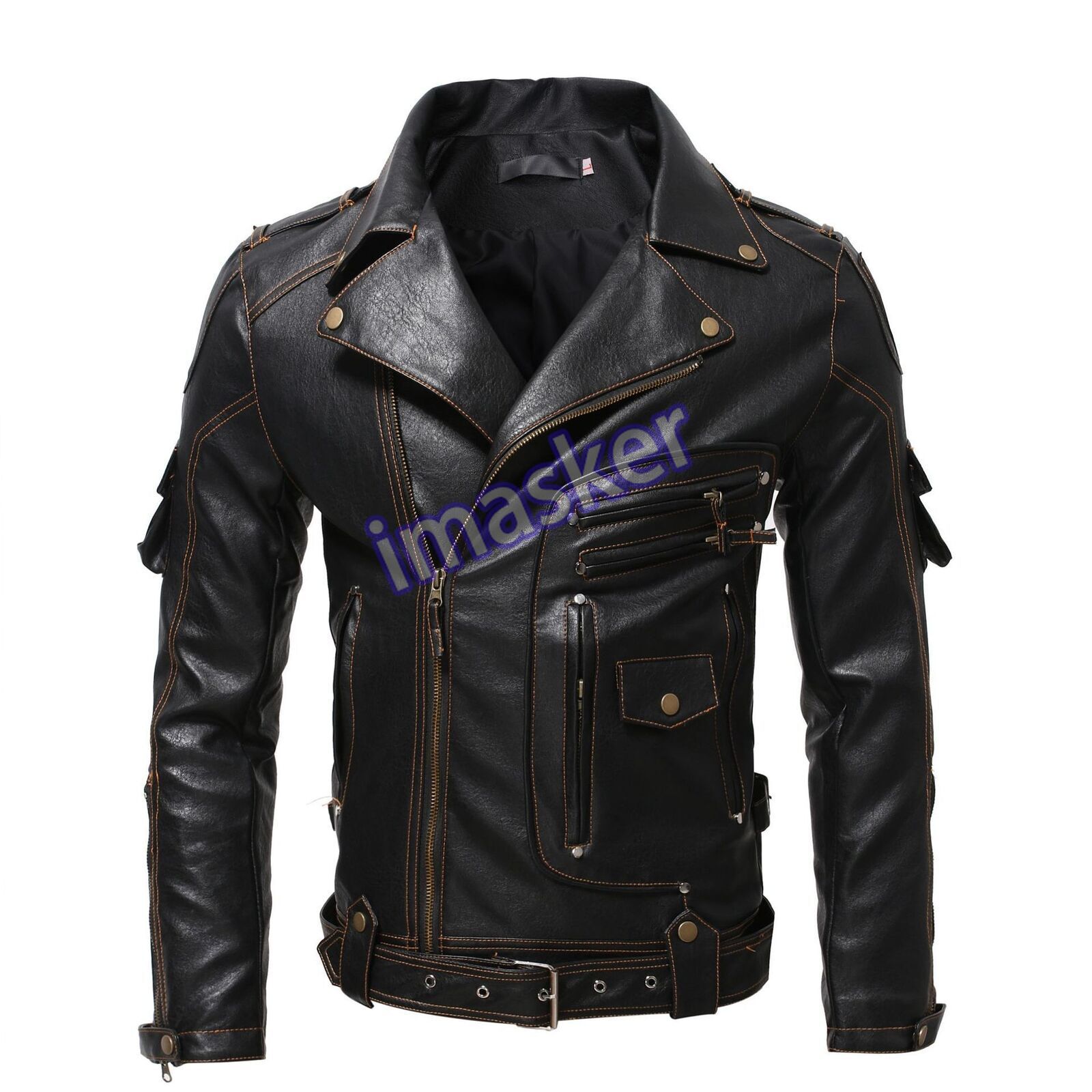 Men Slim Fit Leather Motorcycle Jacket with Multi-Pocket Zipper Design