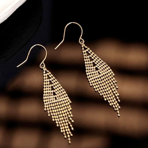 Pure 18K Yellow White Gold Lucky Beads Tassels Dangle Earrings Women 45mm L - Picture 5 of 7