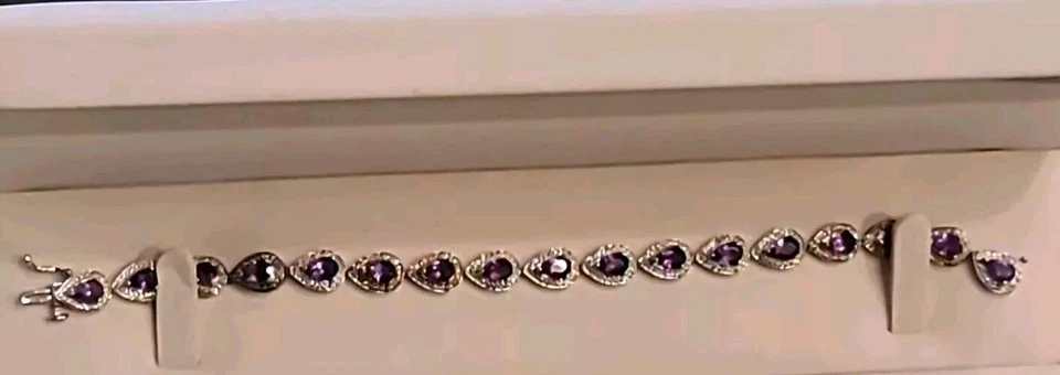 紫水晶手链纯银 17 石 Marcasites 全新 Safty Catch 7 1/2 — 第 3/4 张图片