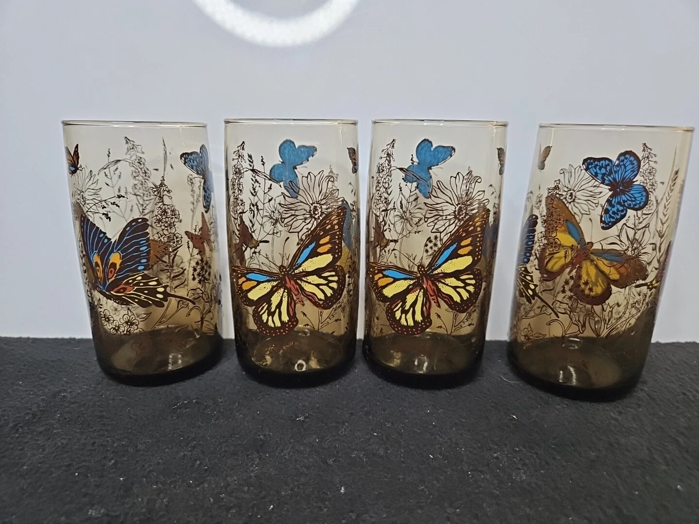 Vtg Set Of 4 Anchor Hocking Tumbler Glasses Butterfly Amber Brown Mid Century