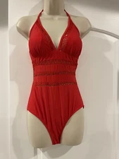 Mora V Neck Size M Halter Red Waist Tiny Cut Out  One Piece Swimsuit