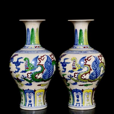 A Pair Fine Collectable Art Handmade Dou Polychrome Porcelain Dragon Vase