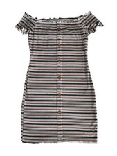 Shein Women's Off Shoulder Lettuce Trim Button Bodycon Dress Striped Medium