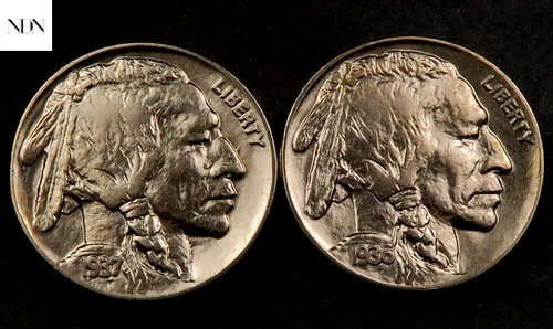 1936 + 1937 Buffalo Nickel Set - Almost Uncirculated (AU) - 2 Coin Lot
