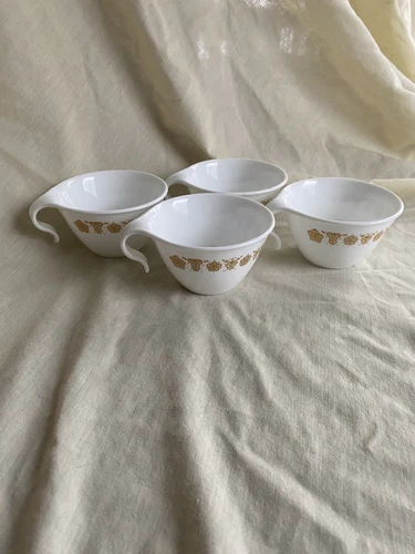 Vtg Corelle Cups by CORNING Butterfly Gold Hook Handle Coffee Tea Cups-set of 4