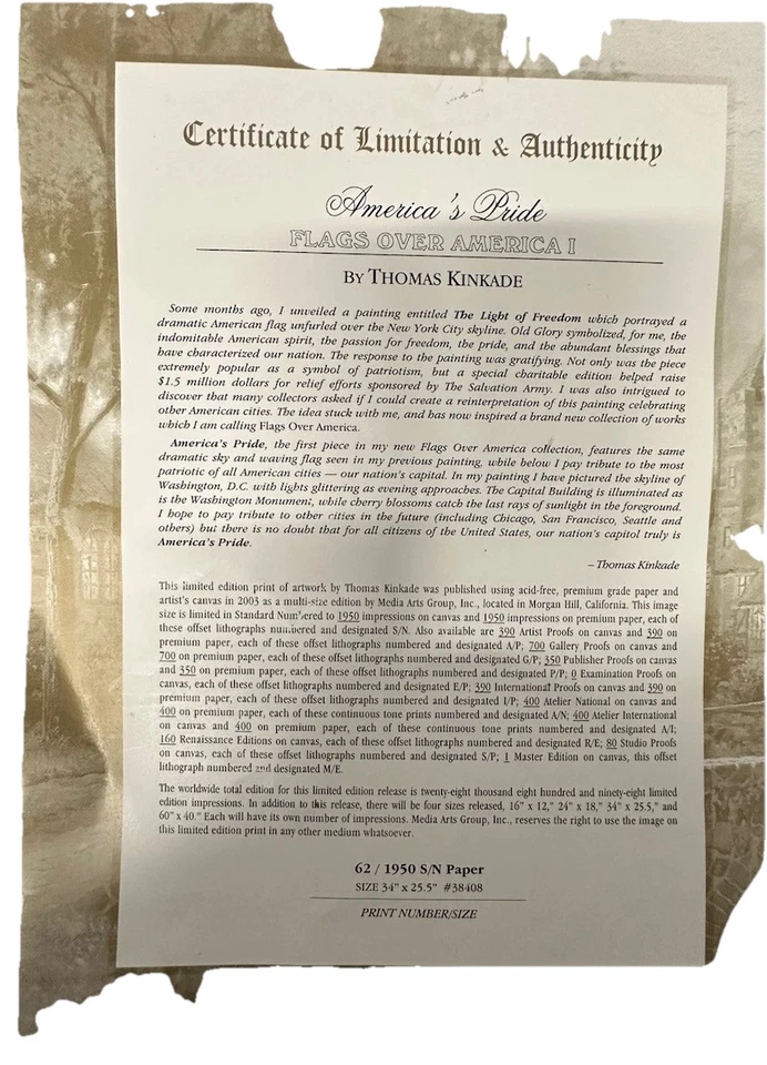 Thomas Kinkade edição limitada. America’s Pride; Flags Over America S/N 9/1950 - Imagem 2 de 3