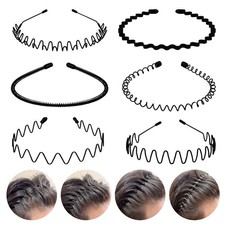 6PCS Metal Hair Bands, Spring Wavy Hoop Unisex Black Headband Slicked Back No...