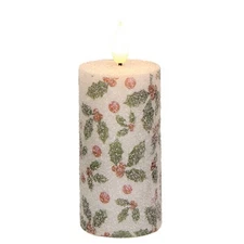 NEW Primitive TIMER PILLAR CANDLE WINTER HOLLY BERRY CHIC SPARKLING WHITE 4"H