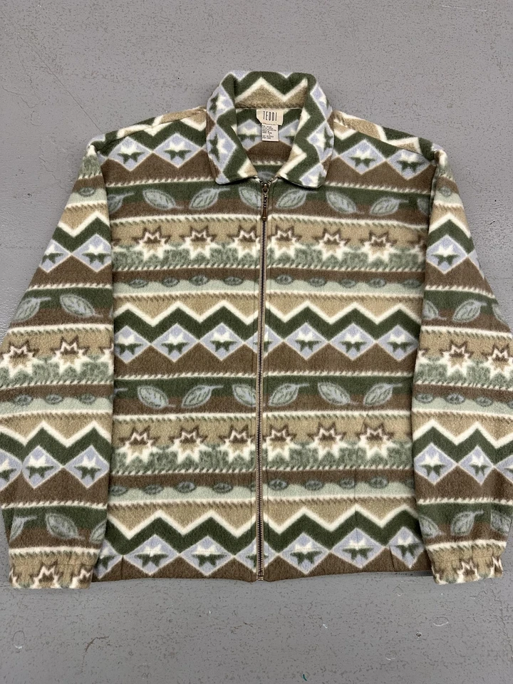 Chaqueta polar Teddi vintage para mujer grande marrón verde cremallera completa patrón azteca años 90 Foto 2 de 4