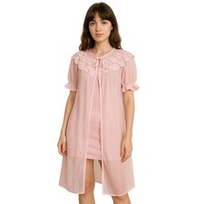 VINTAGE 70s Sheer Nylon Lace Peignoir Robe Pink Ruffle Sleeve Medium Coquette