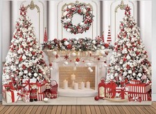 Christmas Photography Backdrop 7x5 Ft Red White Trees Fireplace Photo Background