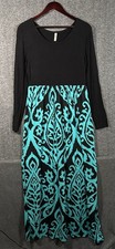 Grecerele Women’s L Black Teal Maxi Dress Long Sleeve Boho Ikat Rayon
