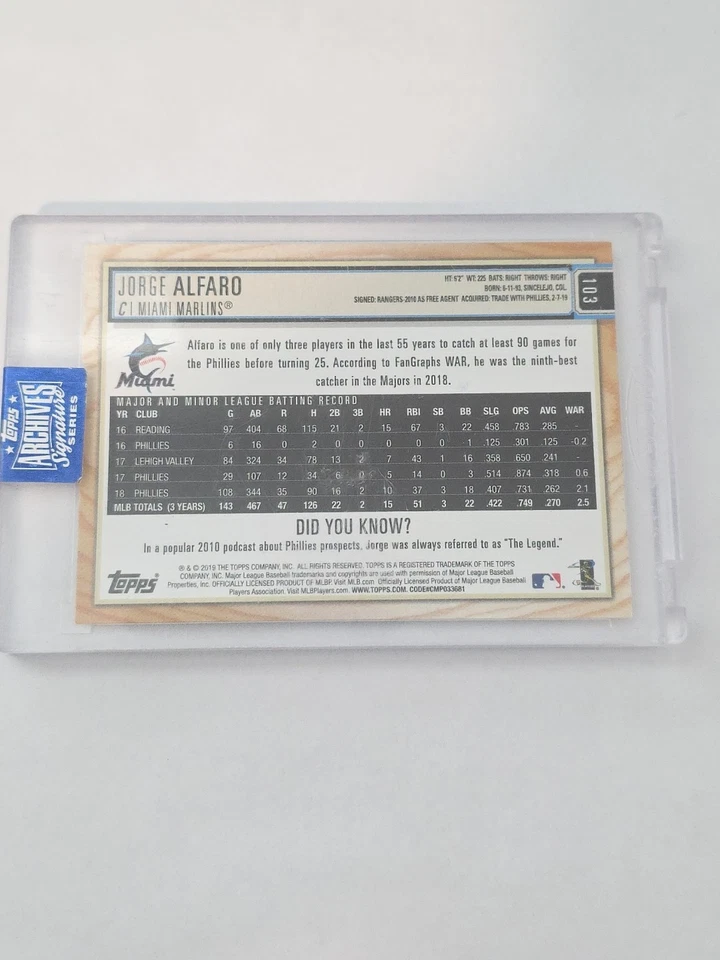 Topps Archives Signature Series 2020 1/1 Jorge Alfaro Big League recompra automática Foto 2 de 2