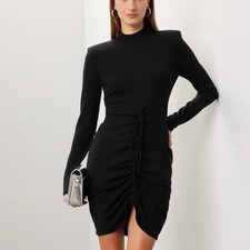 Ronny Kobo Black Sweater Mini Dress LARGE Ruched Knit Long Sleeve Cocktail $300