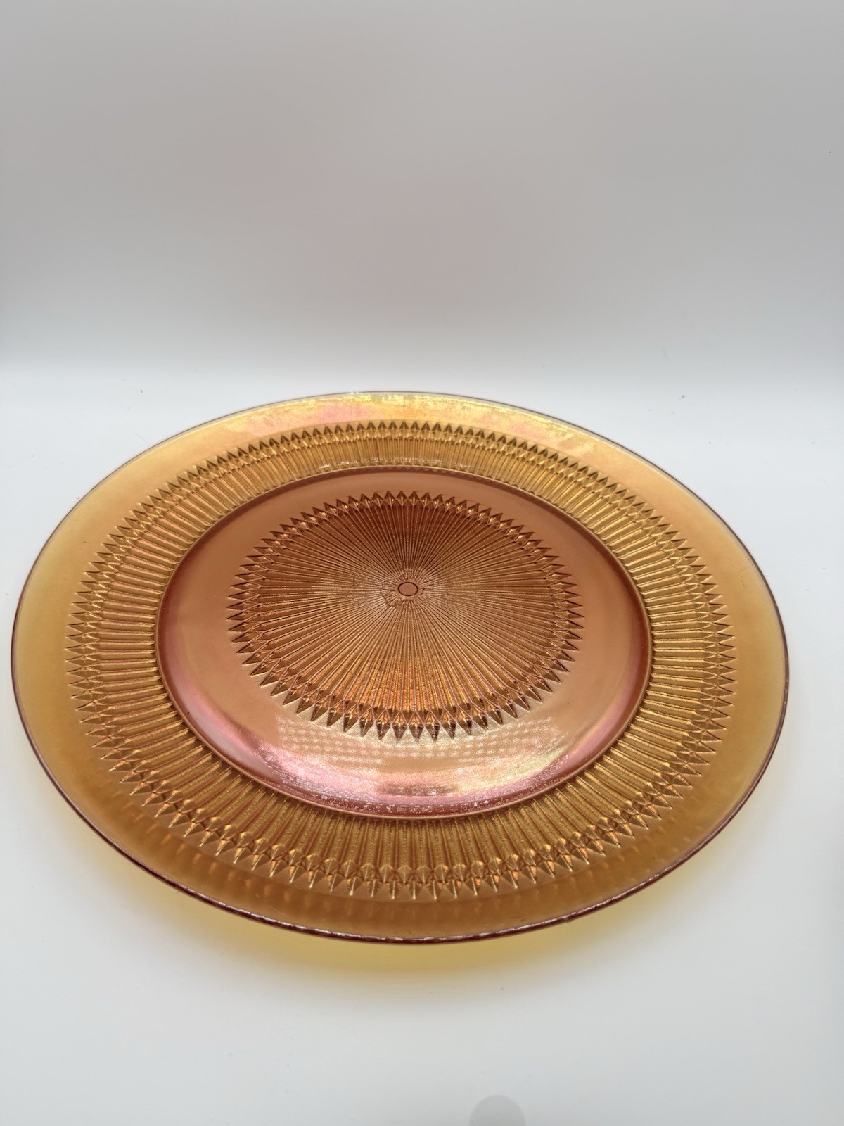 Jeanette Glass Marigold Iridescent Anniversary Platter Carnival