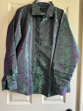 Barry Wang Button Down Shirt Men XL  Purple GreenMetallic Paisley Dressy