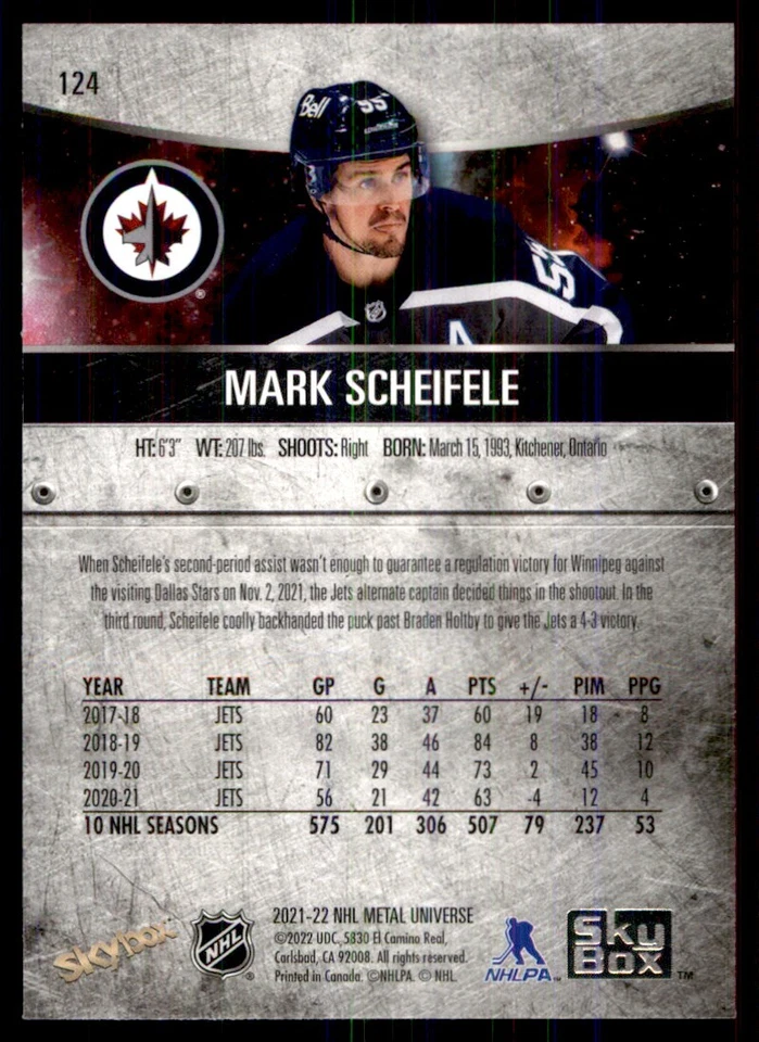 2021-22 Skybox Metal Universe Mark Scheifele Winnipeg Jets #124 - Image 2 of 2
