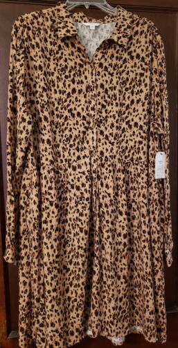 Time & True Button Front Dress XXXL (22) NWT Leopard Loose Fit Long Sleeves - Afbeelding 1 van 7
