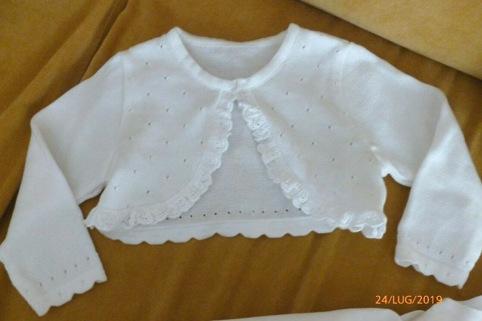 COMPLETO BATTESIMO BIMBA ABITINO CON BOLERO BIANCO MICKI BABY 3 MESI - Immagine 2 di 4