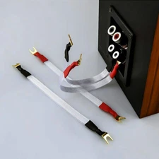 Silver Plated OCC HiFi Speaker Jumper Cable Flat Bridge Cord Y Spade Banana 4pcs