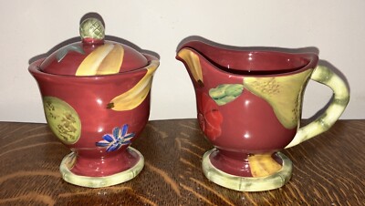 Hand Painted Burgundy Apple, Pear, & Banana Bamboo Style Handle Sugar & Creamer