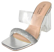 Top MODA Women Clear Block Mule High Heels Strap Bling Rhinestone VENICE1 Silver