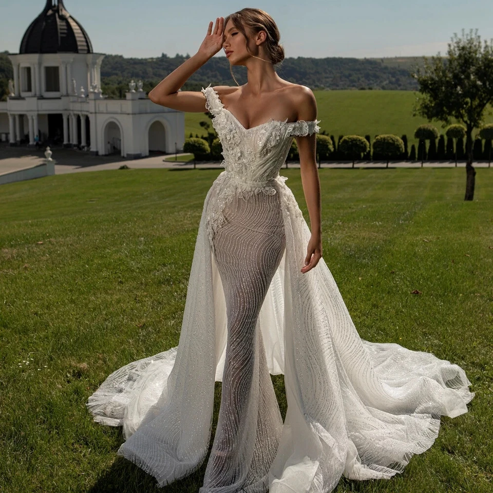 Luxury Mermaid Wedding Dresses Off Shoulder with Detachable Train Bridal Gowns - Image 4 of 4