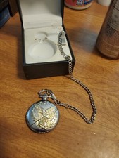 Gold Engraved Quartz Pocket Watch Eagle Stars Flag Battery Needed 