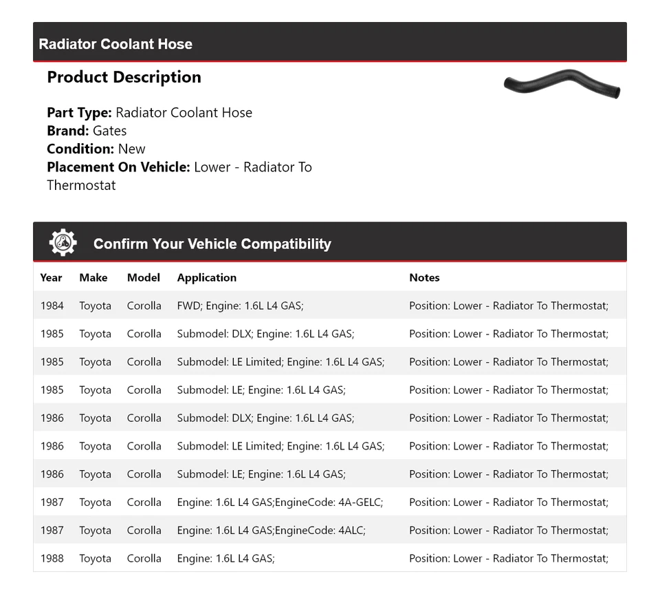 Portões de mangueira de líquido de arrefecimento do radiador Toyota Corolla 1984-1988 1985 1986 1987 - Imagem 2 de 4
