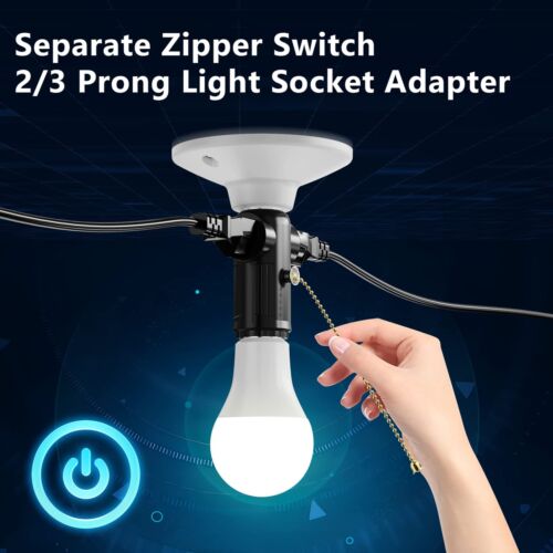 2Pcs E27 E26 Light Bulb Socket to Plug Adapter with Pull Chain Switch 2/3 Prong - Picture 8 of 12